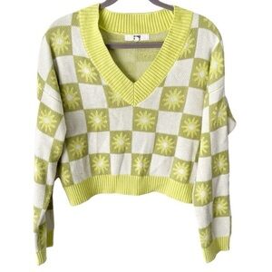 Madden NYC Sweater Women's XL Juniors Green V Neck Jacquard Hippie Festival